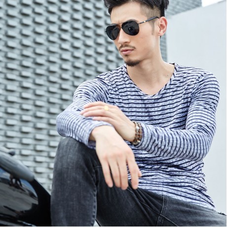 Men's Fashion V-Neck Shirt Printed Regular-Fit Long Sleeve T-Shirt