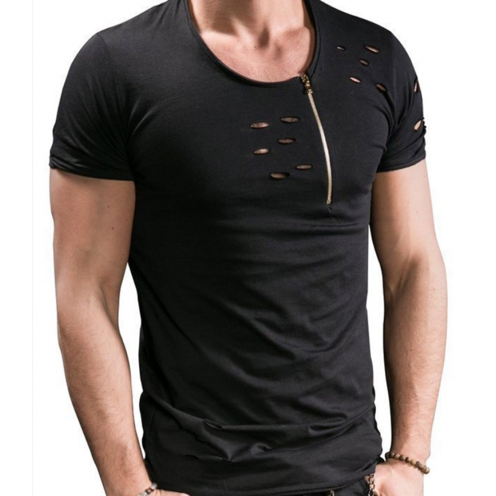 Hole Shirt Fashion Men's Casual Slim Short-Sleeved Top Blouse with zipper