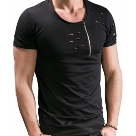 Hole Shirt Fashion Men's Casual Slim Short-Sleeved Top Blouse with zipper 
