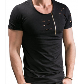 Hole Shirt Fashion Men's Casual Slim Short-Sleeved Top Blouse with zipper