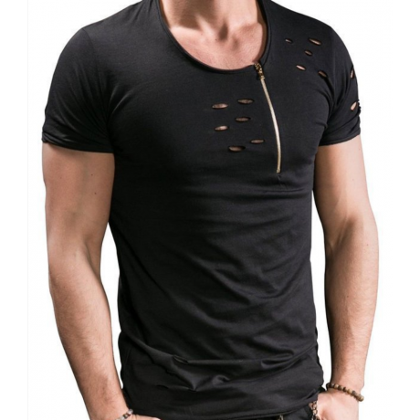 Hole Shirt Fashion Men's Casual Slim Short-Sleeved Top Blouse with zipper