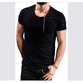 Hole Shirt Fashion Men's Casual Slim Short-Sleeved Top Blouse with zipper 