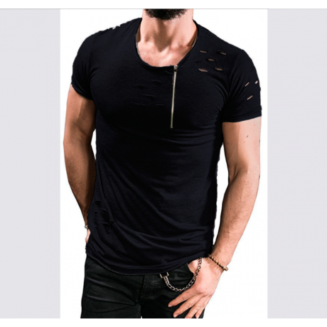 Hole Shirt Fashion Men's Casual Slim Short-Sleeved Top Blouse with zipper