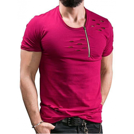 Hole Shirt Fashion Men's Casual Slim Short-Sleeved Top Blouse with zipper