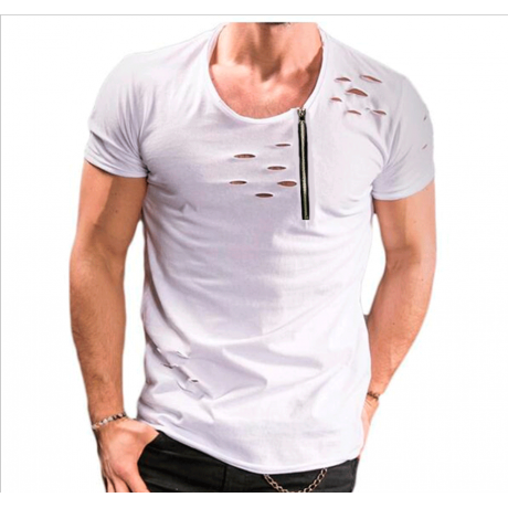 Hole Shirt Fashion Men's Casual Slim Short-Sleeved Top Blouse with zipper