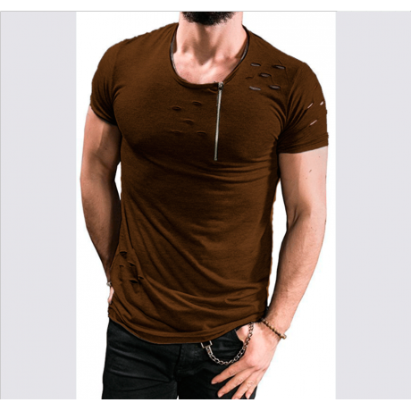 Hole Shirt Fashion Men's Casual Slim Short-Sleeved Top Blouse with zipper