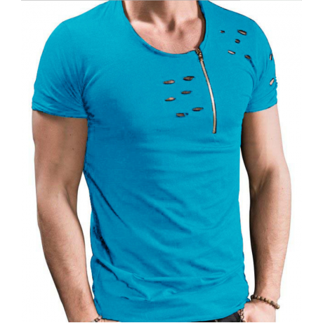 Hole Shirt Fashion Men's Casual Slim Short-Sleeved Top Blouse with zipper