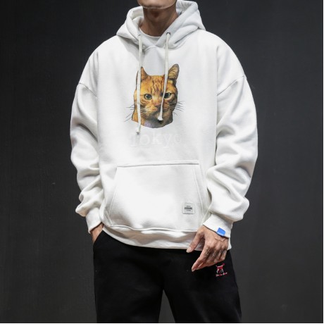  Men's Cute Cartoon Cat Pattern Printed Sweatshirt Long Sleeves Pullover Hooded Sweatshirt