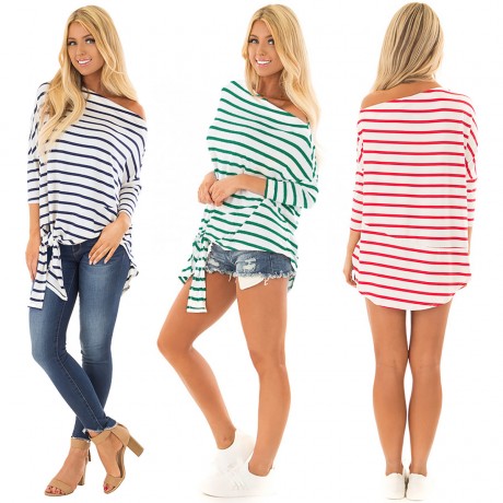 Women Striped off Shoulder Blouse Casual Top Ladies Loose Long Sleeve T Shirt Blouse