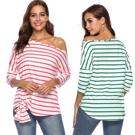 Women Striped off Shoulder Blouse Casual Top Ladies Loose Long Sleeve T Shirt Blouse