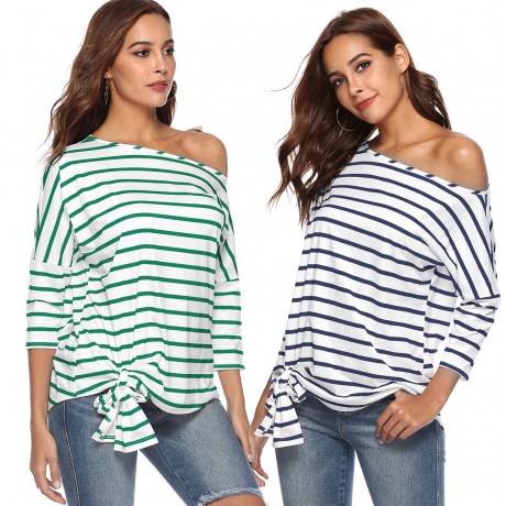 Women Striped off Shoulder Blouse Casual Top Ladies Loose Long Sleeve T Shirt Blouse