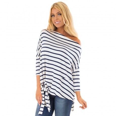 Women Striped off Shoulder Blouse Casual Top Ladies Loose Long Sleeve T Shirt Blouse