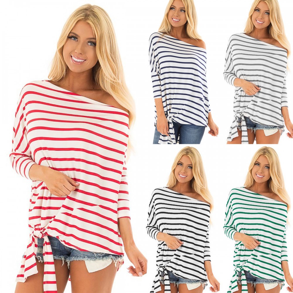 Women Striped off Shoulder Blouse Casual Top Ladies Loose Long Sleeve T Shirt Blouse