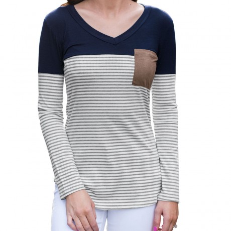 Womens Long Sleeve Tops V-Neck Striped T Shirt Slim Blouses with Chest Pockets 