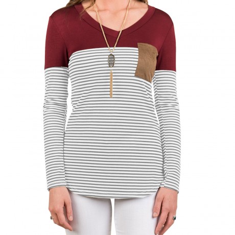 Womens Long Sleeve Tops V-Neck Striped T Shirt Slim Blouses with Chest Pockets 