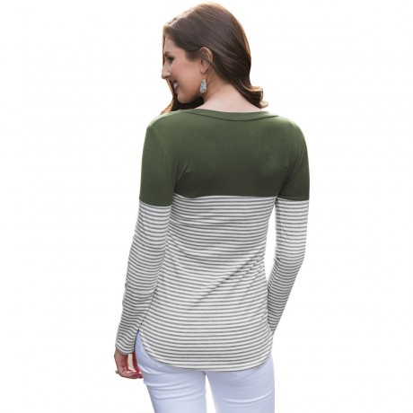 Womens Long Sleeve Tops V-Neck Striped T Shirt Slim Blouses with Chest Pockets 