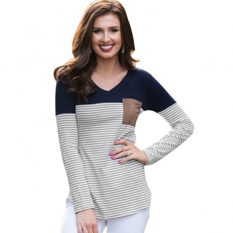 Womens Long Sleeve Tops V-Neck Striped T Shirt Slim Blouses with Chest Pockets 