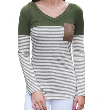 Womens Long Sleeve Tops V-Neck Striped T Shirt Slim Blouses with Chest Pockets 