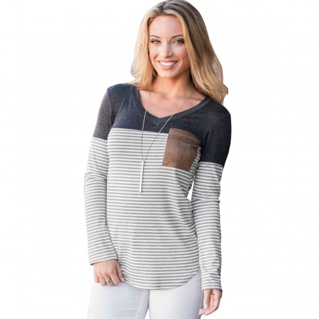 Womens Long Sleeve Tops V-Neck Striped T Shirt Slim Blouses with Chest Pockets 