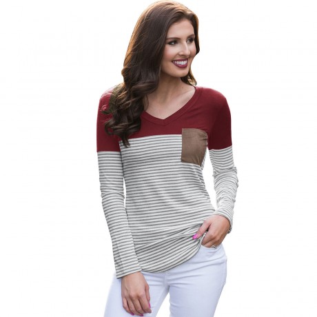 Womens Long Sleeve Tops V-Neck Striped T Shirt Slim Blouses with Chest Pockets 