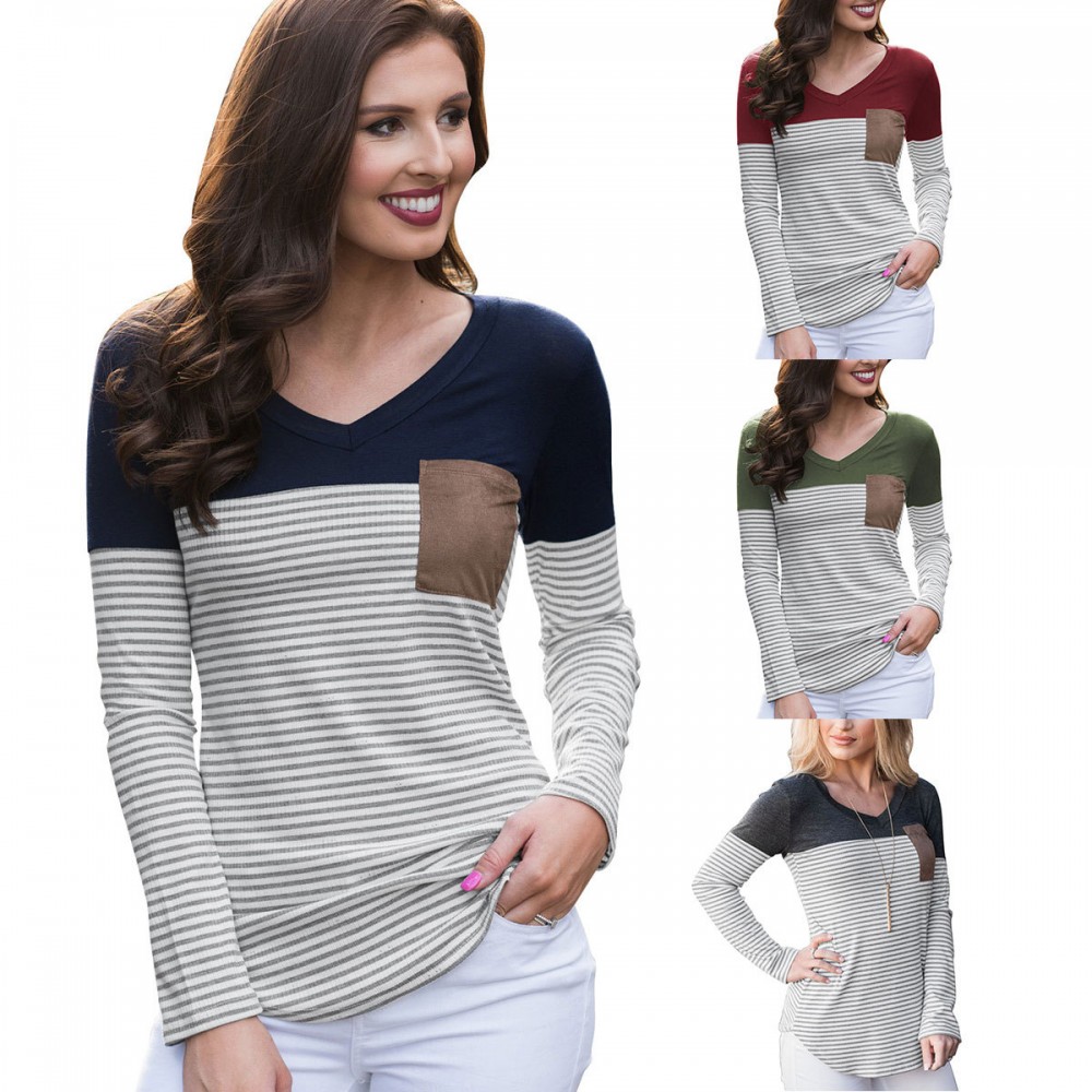 Womens Long Sleeve Tops V-Neck Striped T Shirt Slim Blouses with Chest Pockets 