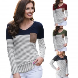 Womens Long Sleeve Tops V-Neck Striped T Shirt Slim Blouses with Chest Pockets 