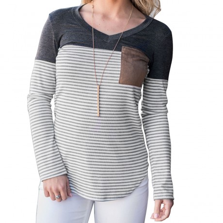Womens Long Sleeve Tops V-Neck Striped T Shirt Slim Blouses with Chest Pockets 