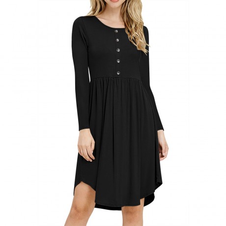  Women's Long Sleeve Dresses Scoop Neck Shirt Pleated Tunic Tops Slim Dresses with Button Placket