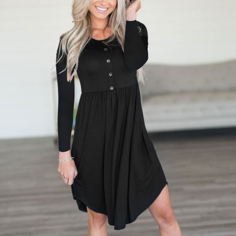  Women's Long Sleeve Dresses Scoop Neck Shirt Pleated Tunic Tops Slim Dresses with Button Placket