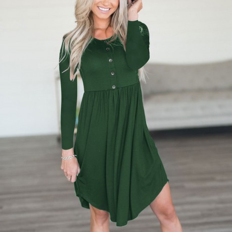  Women's Long Sleeve Dresses Scoop Neck Shirt Pleated Tunic Tops Slim Dresses with Button Placket