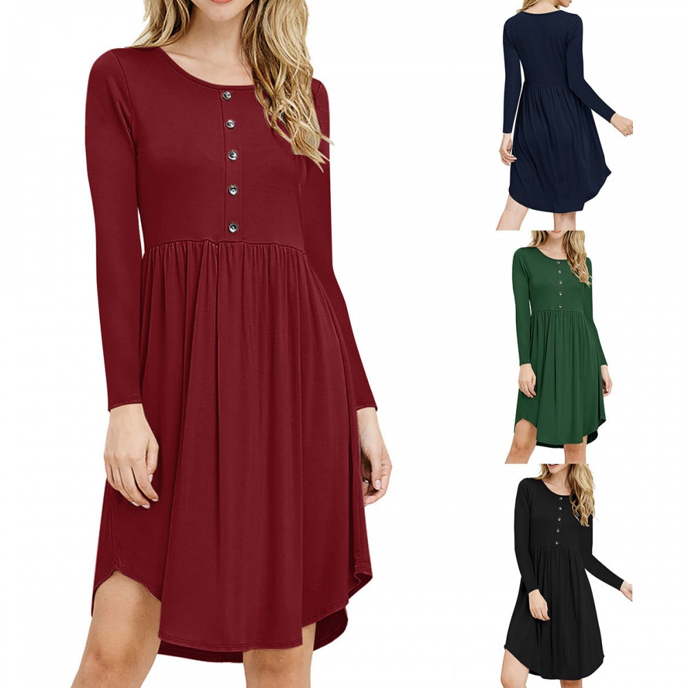  Women's Long Sleeve Dresses Scoop Neck Shirt Pleated Tunic Tops Slim Dresses with Button Placket