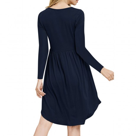  Women's Long Sleeve Dresses Scoop Neck Shirt Pleated Tunic Tops Slim Dresses with Button Placket