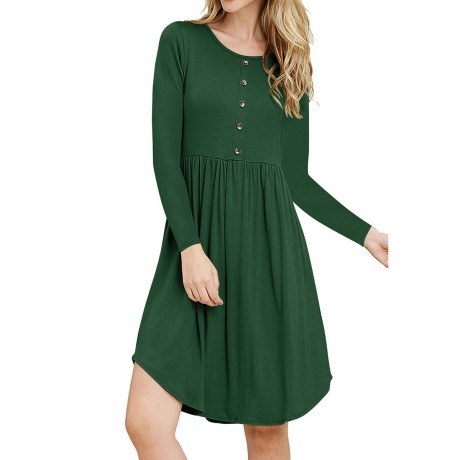  Women's Long Sleeve Dresses Scoop Neck Shirt Pleated Tunic Tops Slim Dresses with Button Placket