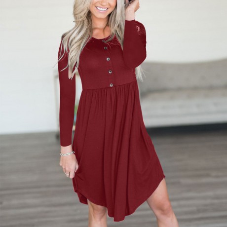  Women's Long Sleeve Dresses Scoop Neck Shirt Pleated Tunic Tops Slim Dresses with Button Placket