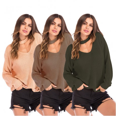 Casual Loose V-Neck Sweater Long Sleeve Large Size Sweater for Women