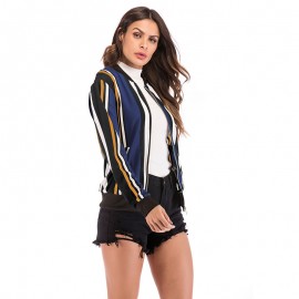 Women's Fashion Stripe Baseball Print Blouse Long Sleeve Baseball Coat Zipper V-Neckline Jacket 