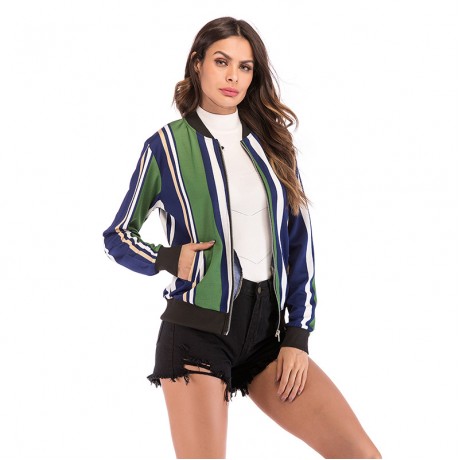 Women's Fashion Stripe Baseball Print Blouse Long Sleeve Baseball Coat Zipper V-Neckline Jacket