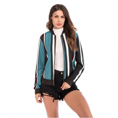 Women's Fashion Stripe Baseball Print Blouse Long Sleeve Baseball Coat Zipper V-Neckline Jacket