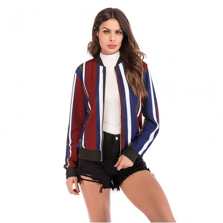 Women's Fashion Stripe Baseball Print Blouse Long Sleeve Baseball Coat Zipper V-Neckline Jacket