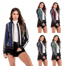 Women's Fashion Stripe Baseball Print Blouse Long Sleeve Baseball Coat Zipper V-Neckline Jacket