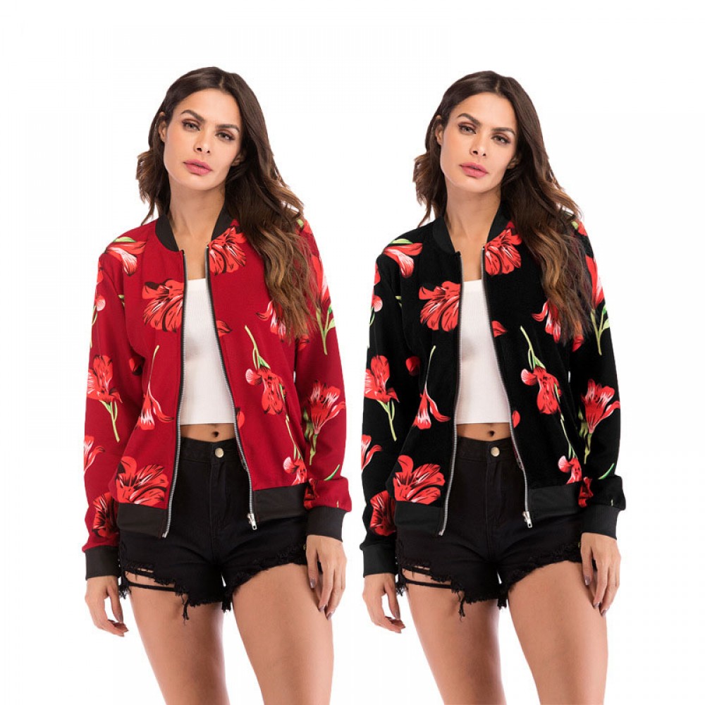 Classic Floral Printed Zipper Bomber Jacket Coat for Women