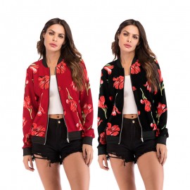 Classic Floral Printed Zipper Bomber Jacket Coat for Women 