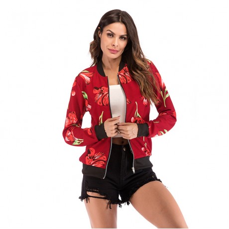 Classic Floral Printed Zipper Bomber Jacket Coat for Women