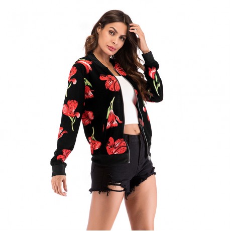 Classic Floral Printed Zipper Bomber Jacket Coat for Women