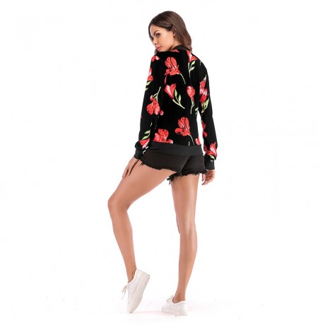 Classic Floral Printed Zipper Bomber Jacket Coat for Women