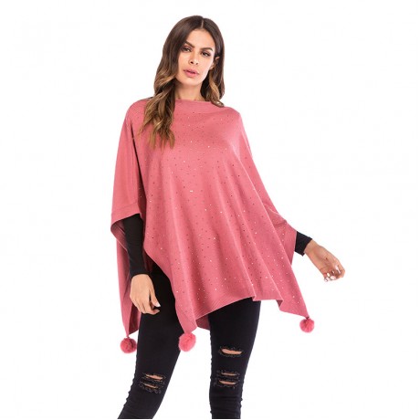Women's Fashion Fur Ball Shawl Cloak Cape Coat with Rhinestone