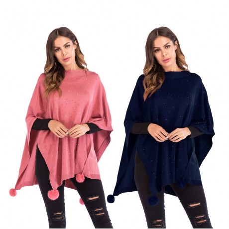 Women's Fashion Fur Ball Shawl Cloak Cape Coat with Rhinestone