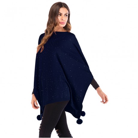 Women's Fashion Fur Ball Shawl Cloak Cape Coat with Rhinestone