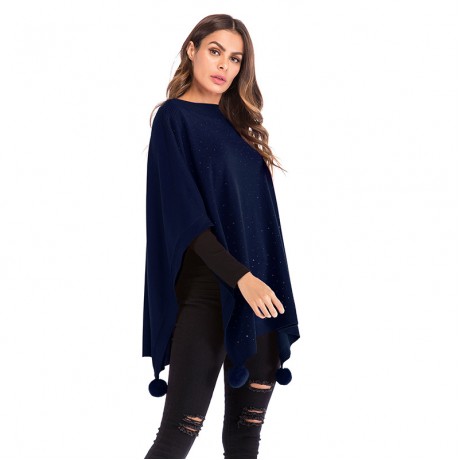 Women's Fashion Fur Ball Shawl Cloak Cape Coat with Rhinestone