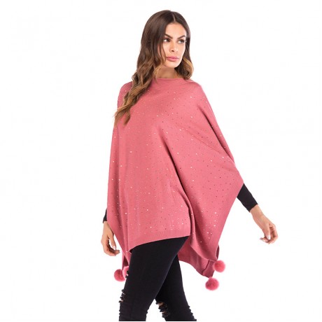Women's Fashion Fur Ball Shawl Cloak Cape Coat with Rhinestone